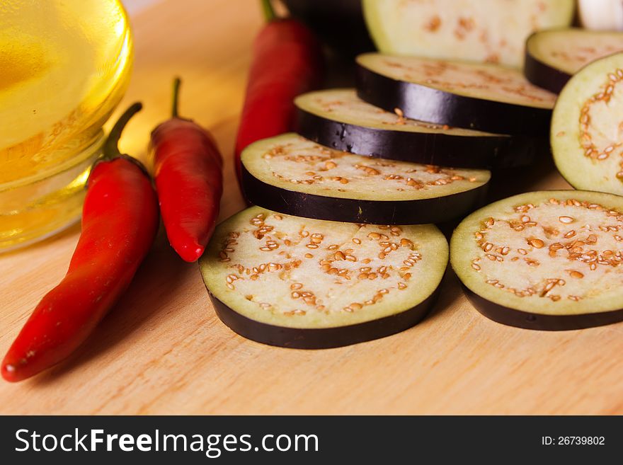 Fresh eggplant on the kitchen table