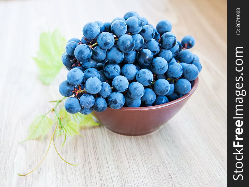 Fresh blue grape cluster with leaves on a table