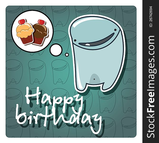 Monster happy birthday card with cute monster, vector