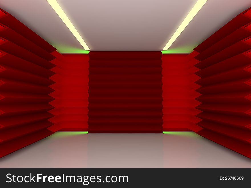 Abstract red serrated wall with empty room. Abstract red serrated wall with empty room