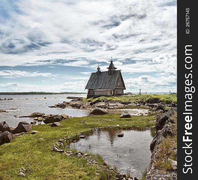 Church on the White Sea. Rabocheostrovsk, Republic of Karelia, Russia.