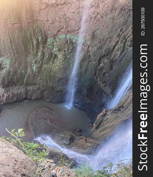 A Moroccan tourist center in the Ouzoud waterfalls resort, which is a mountainous area known for its traditional architecture and lush landscapes.