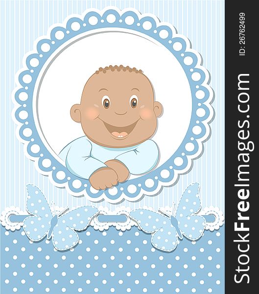 Happy African baby boy scrapbook blue frame. Editable vector illustration. EPS 10
