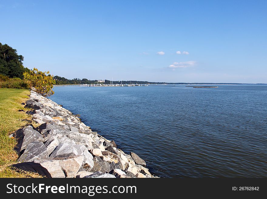 Break wall on hte James River, Virginia; with a marina in the background