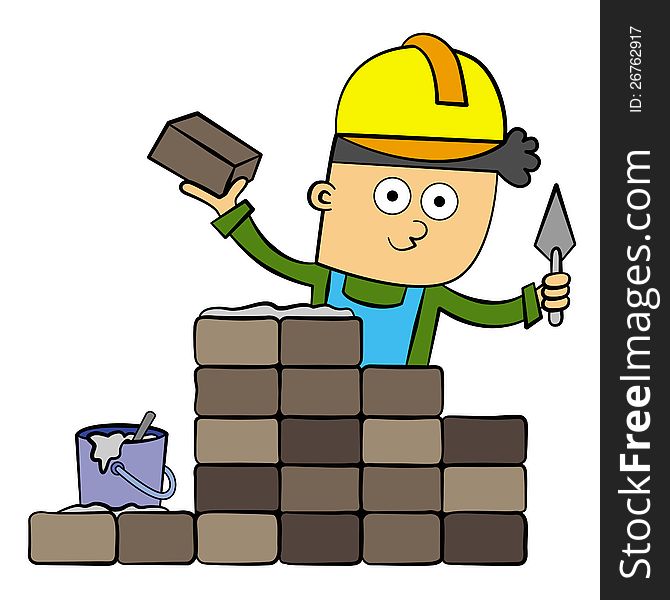 A cartoon illustration of a bricklayer who is currently building a wall