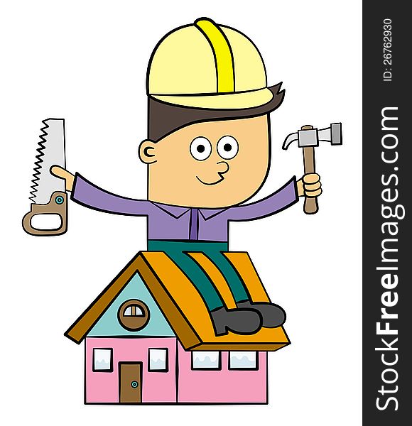 An illustration of a construction worker sitting on a little house. An illustration of a construction worker sitting on a little house
