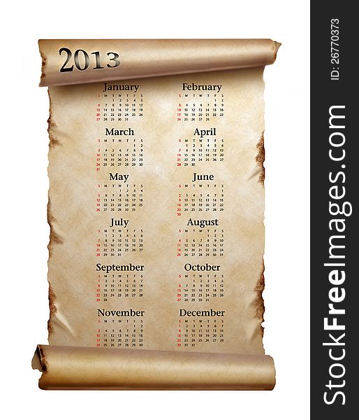 Calendar 2013. Scroll of old paper with curled edges isolated on white