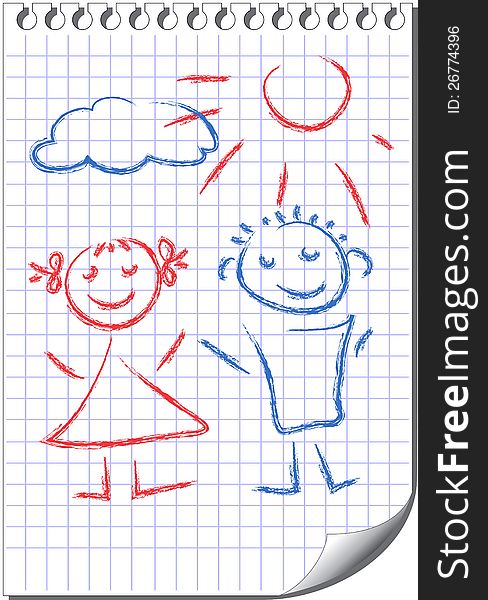 Vector cartoon romantic couple. Sketch on notebook page