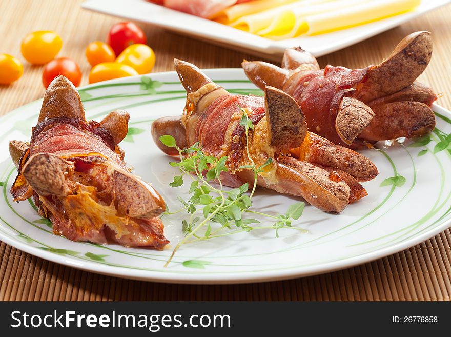 Tasty Sausages With Bacon, Cheese