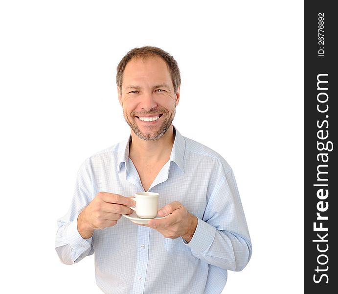 Smiling man drinking coffee isolated on white background