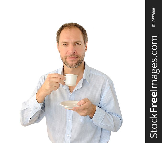 Smiling man drinking coffee isolated on white background