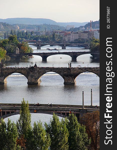 Wonderful panorama of Prague bridges