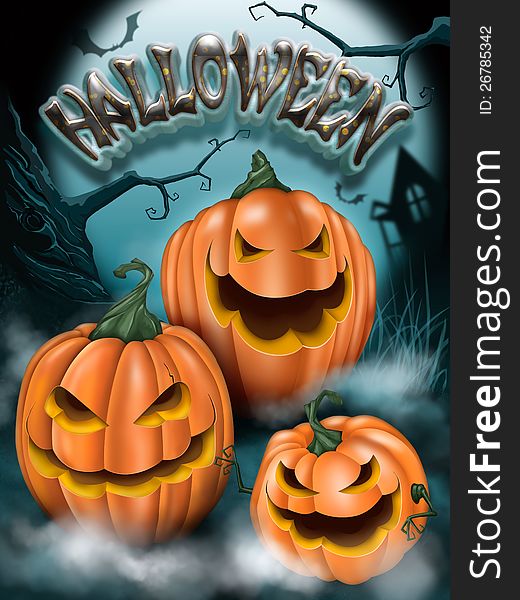 Illustration on a Halloween theme. On a dark background in a pale blue glare of the autumn moon three bright orange pumpkins. These pumpkins smiling wickedly, hiding in clouds of mist. In the background on the left - knotty tree, its branches like gnarled fingers terrible, on the right in the distance - an abandoned old house and bats. Illustration on a Halloween theme. On a dark background in a pale blue glare of the autumn moon three bright orange pumpkins. These pumpkins smiling wickedly, hiding in clouds of mist. In the background on the left - knotty tree, its branches like gnarled fingers terrible, on the right in the distance - an abandoned old house and bats.