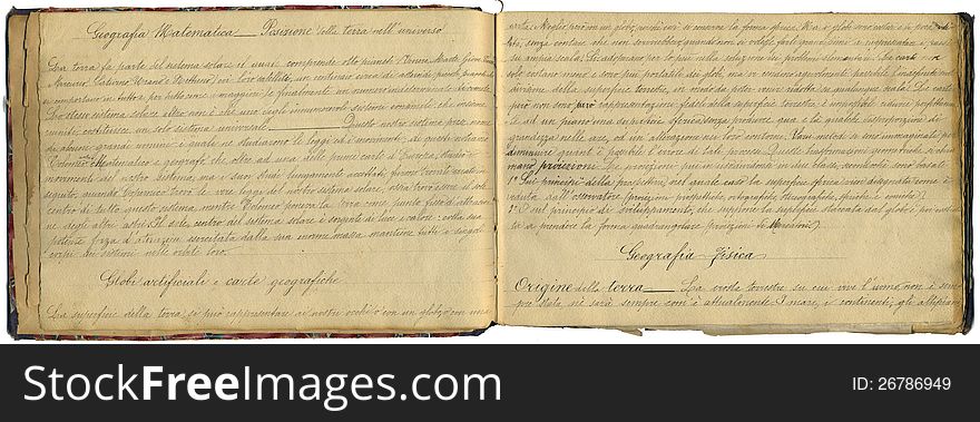 Geography notebook hand written in italian language, dated 1865. Geography notebook hand written in italian language, dated 1865.