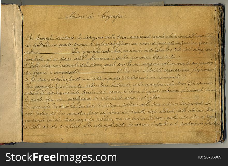 Geography notebook hand written in italian language, dated 1865. Title written on the top: nozioni di geografia (notions of geography). Geography notebook hand written in italian language, dated 1865. Title written on the top: nozioni di geografia (notions of geography)