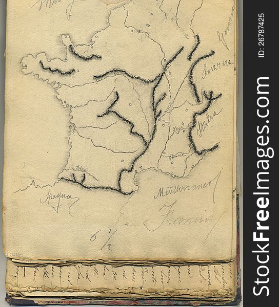 An original antique map of France. This is the page of an old italian geography notebook, dated nearly 1865. An original antique map of France. This is the page of an old italian geography notebook, dated nearly 1865.