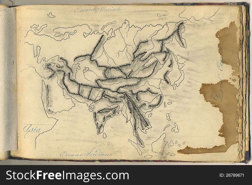 An original antique map of Asia. This is the page of an old italian geography notebook, dated nearly 1865. An original antique map of Asia. This is the page of an old italian geography notebook, dated nearly 1865.