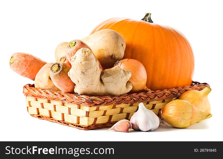 Vegetables for preparation of pumpkin soup , white background