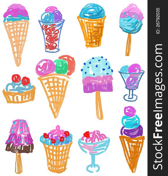 Hand drawing of various ice creams.