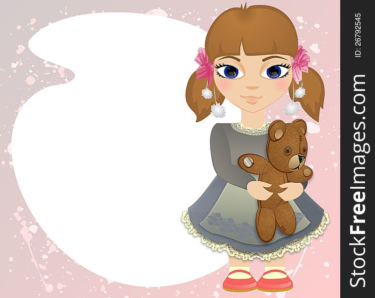 Illustration of little girl with bear on pink background with place for text. Illustration of little girl with bear on pink background with place for text