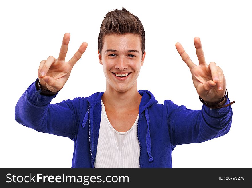 Portrait of a handsome young man gesturing victory symbol. Portrait of a handsome young man gesturing victory symbol