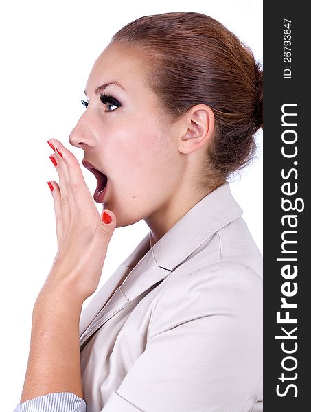 Portrait of a surprised young woman, isolated against white background