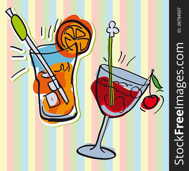 Vector glasses with a cocktail on a colorful background. Vector glasses with a cocktail on a colorful background