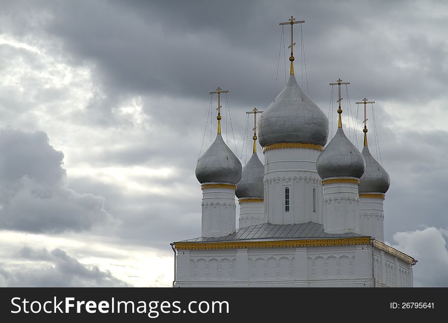 Old russian church on against cloudy sky in Rostov