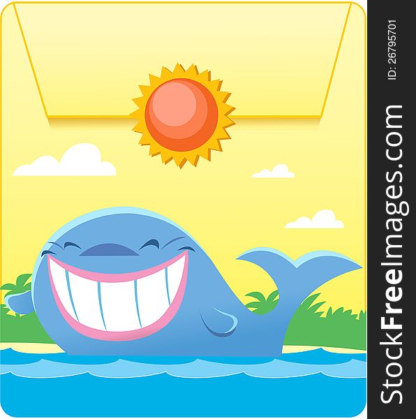 Illustration made in the form of a pocket with a button. The figure show a funny blue whale in the sea. Illustration done in cartoon style on separate layers. Illustration made in the form of a pocket with a button. The figure show a funny blue whale in the sea. Illustration done in cartoon style on separate layers.