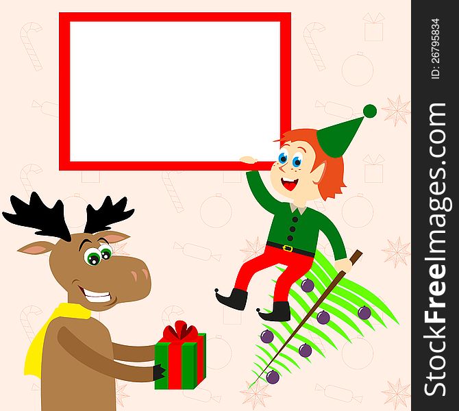New year's frame with an elf and elk. New year's frame with an elf and elk