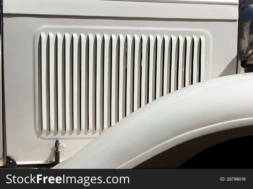 Close up of hood grill on antique car