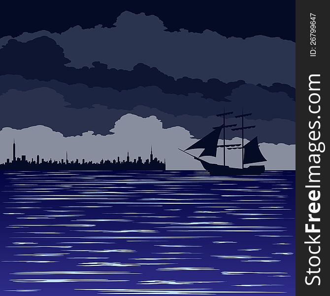 Marine night landscape. Old sailing ship at sea. Marine night landscape. Old sailing ship at sea.