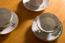 Three Teacups On Table. Stock Photo