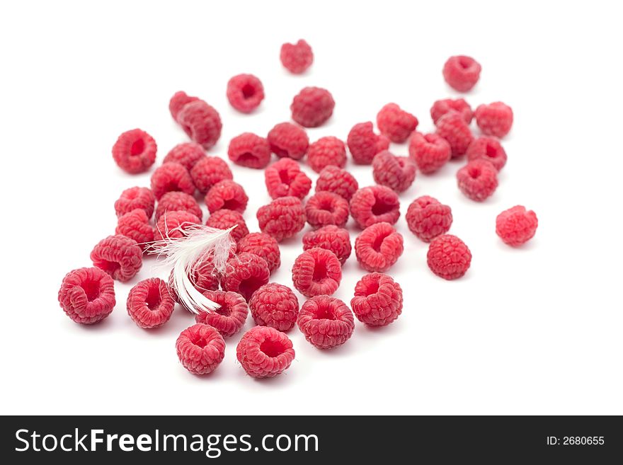 Raspberry with the feather on white