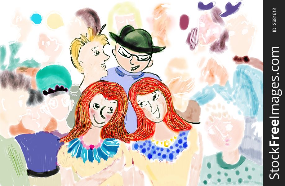 Illustration with many children talking and laughing. Illustration with many children talking and laughing