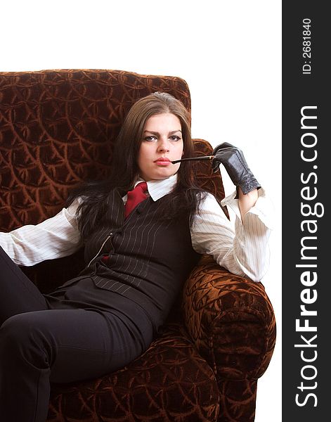 PORTRAIT of the woman with a pipe. Studio shoot