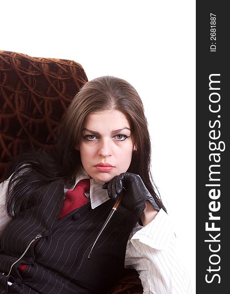 Portrait of the woman with a pipe. Studio shoot