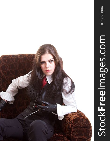 Portrait of the woman with a pipe. Studio shoot