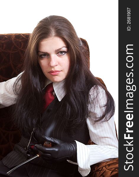 Portrait of the woman with a pipe. Studio shoot