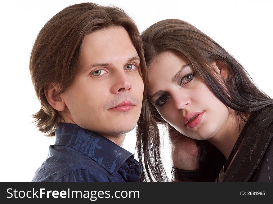 Portrait of the man and the woman. Studio shooting, the white background isolated. Portrait of the man and the woman. Studio shooting, the white background isolated