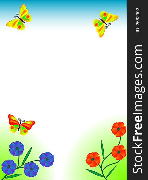 Framework for a photo - red flowers, butterfly, grass on a white background