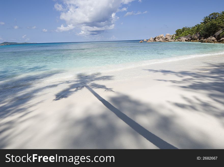 Anse Coco beach, La Digue, Seychelles. Shadow of palm tree. Anse Coco beach, La Digue, Seychelles. Shadow of palm tree