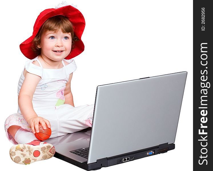 The girl behind a computer on a white background. The girl behind a computer on a white background