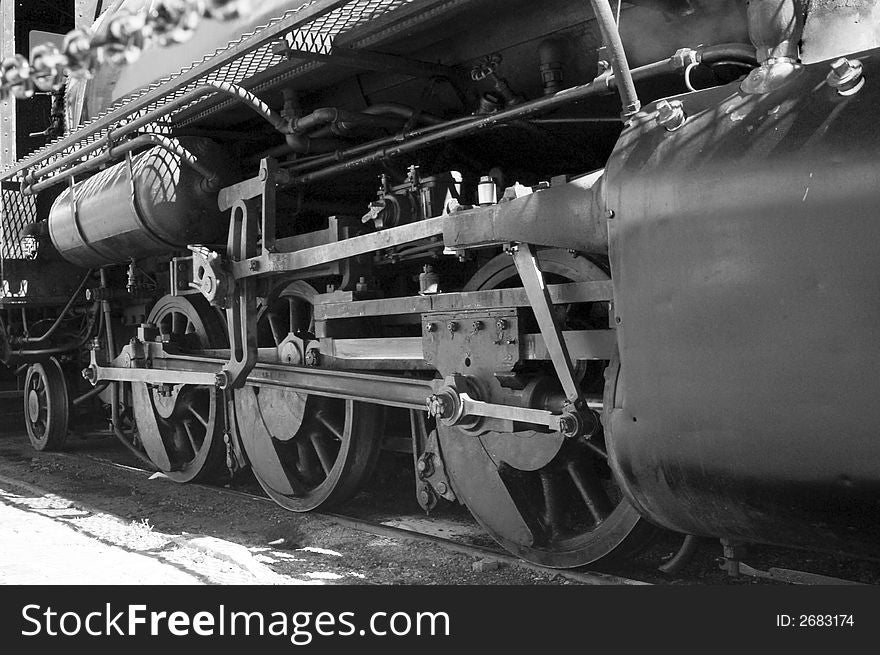 Detail of a vintage steam engine. black & white. Detail of a vintage steam engine. black & white