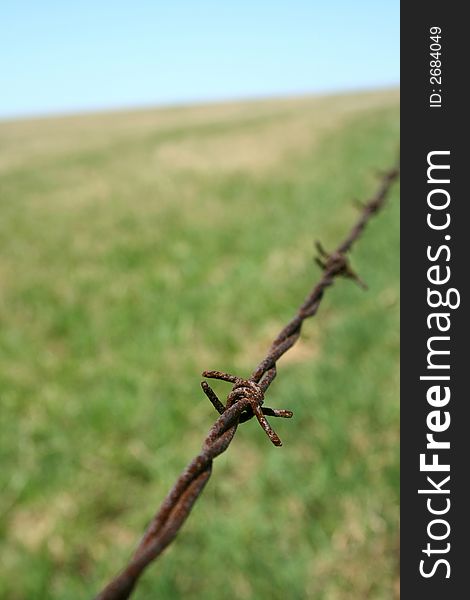 Rusty barbed wire fence in the field. Shallow depth of field. Rusty barbed wire fence in the field. Shallow depth of field.