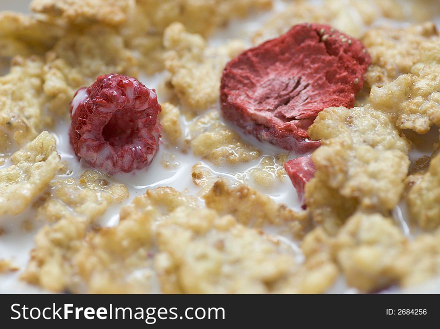 Closeup on corn flakes with dried red fruits and fresh milk. Closeup on corn flakes with dried red fruits and fresh milk