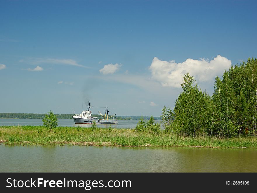 Landscape with ship on the lake and island