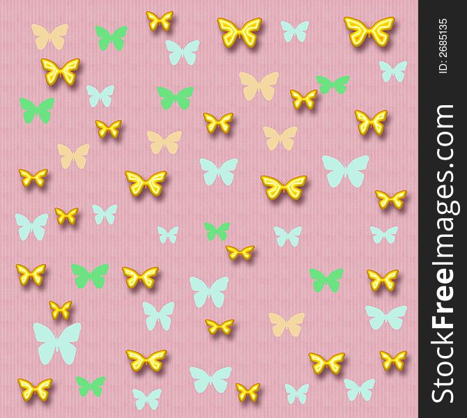 Colorful 3d butterflies scattered on pink background. Colorful 3d butterflies scattered on pink background