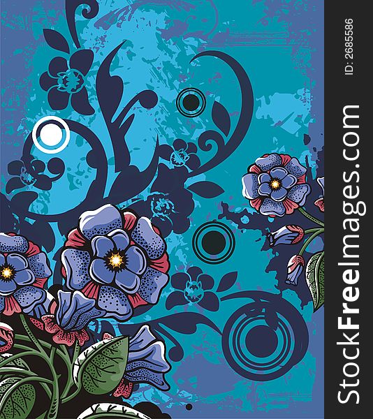 Floral grunge background with blue flowers, leaves, circles and ornamental details. Floral grunge background with blue flowers, leaves, circles and ornamental details.