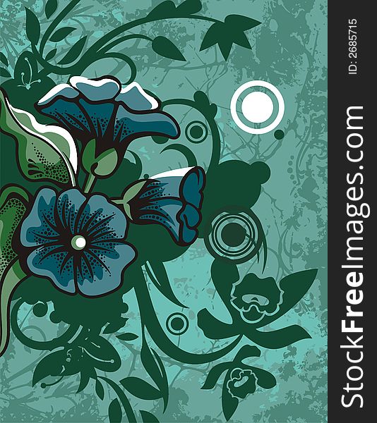 Floral grunge background with flowers, leaves, circles and ornamental details. Floral grunge background with flowers, leaves, circles and ornamental details.
